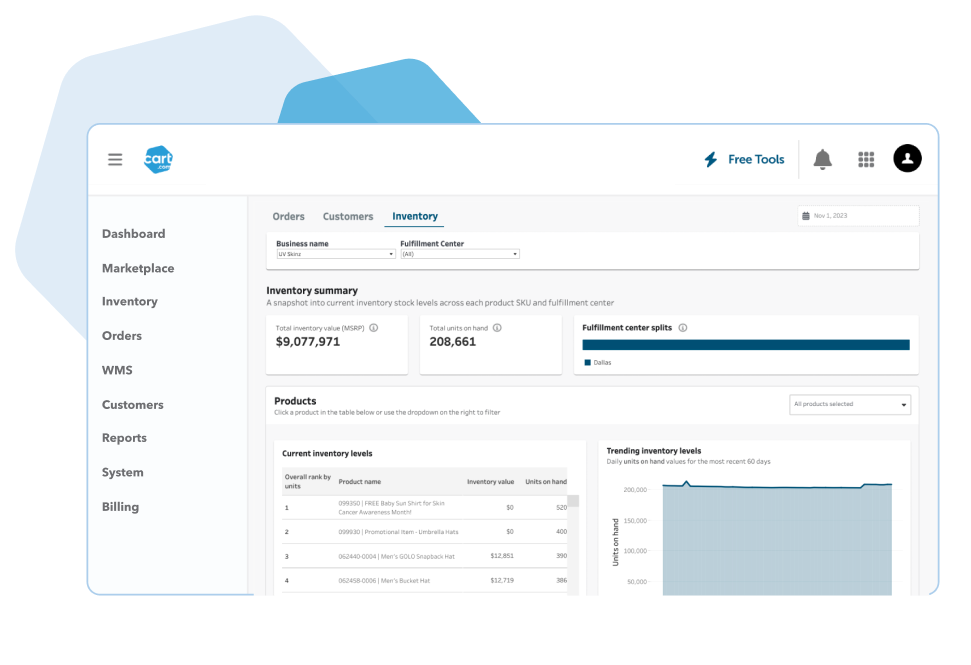 cart.com inventory management screen on the oms wms software platform